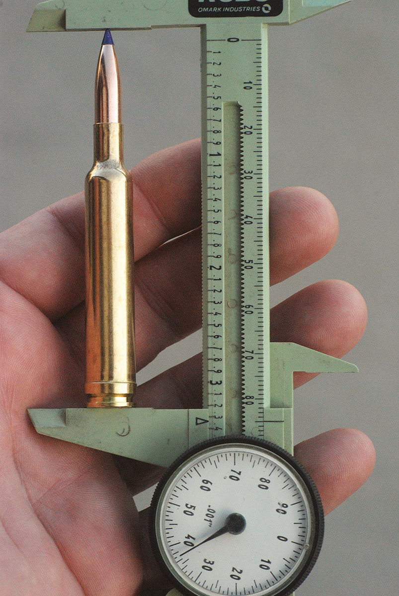 Most loading manuals list a maximum overall loaded length for the 240 Weatherby Magnum at about 3.1 inches. The Vanguard’s box magazine is just less than 3.5 inches long, and when combined with the throat’s freebore, it allows for a longer overall loaded length.